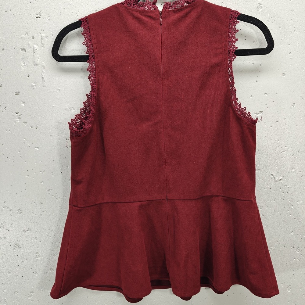 Alya Womens Blouse Large Burgundy Red Faux Suede Lace Peplum Tank Top‎ - Picture 5 of 5